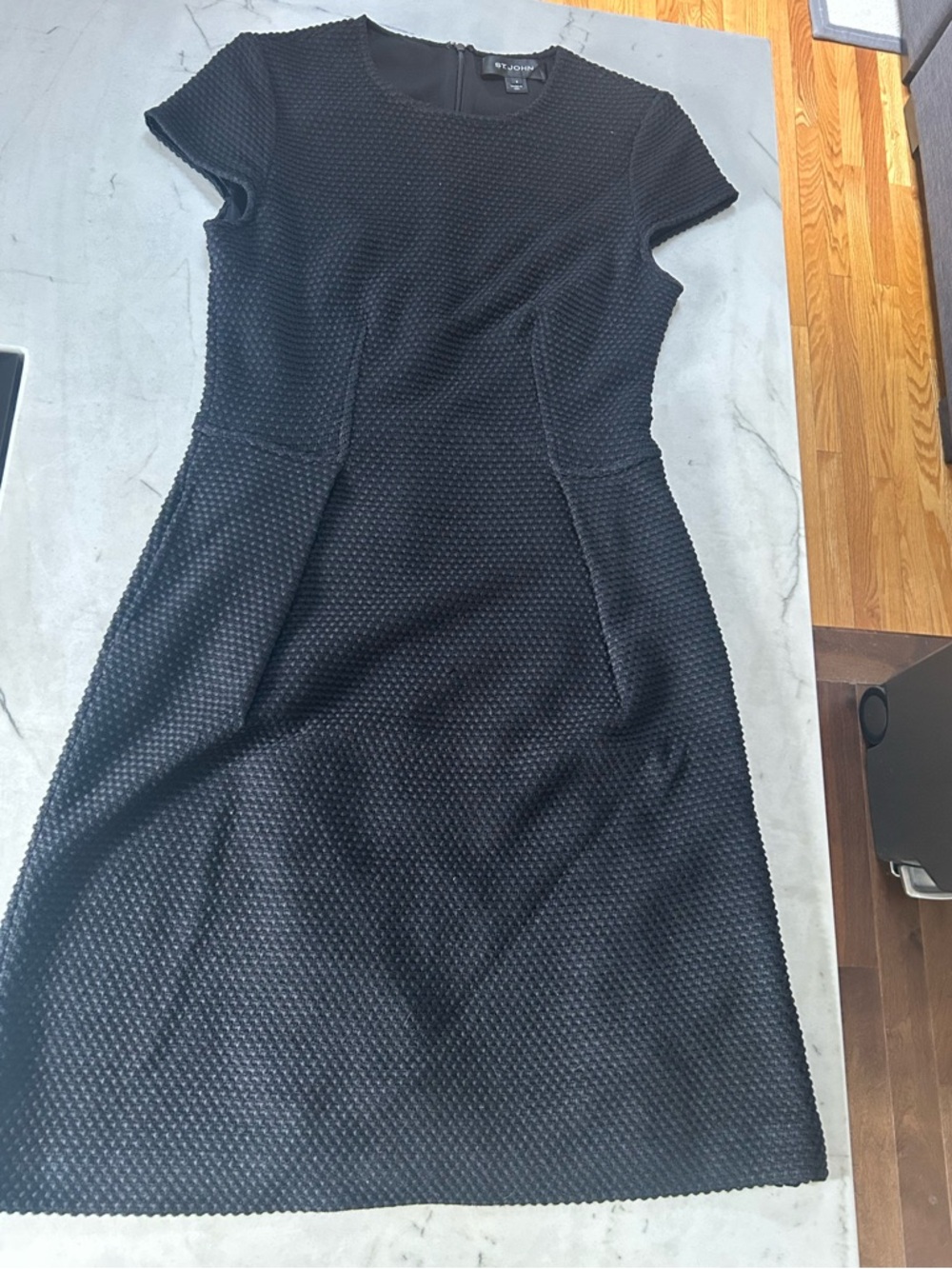 St John Black Knit Cap Sleeve Dress - fitted and flared